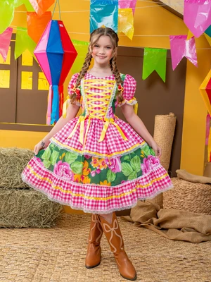 Vestido Junino - Xadrez Com Rosas E laço 