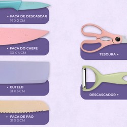 Conjunto de Facas 6 Peças Aço Inoxidável Colorido Multifuncional