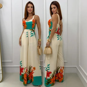 MACACÃO FEMININO PANTALONA ESTAMPADO COM BOLSO ALÇAS LARGAS