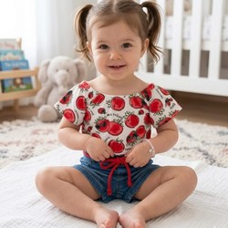 J3322 CONJUNTO TOMATINHOS BLUSA E SHORT JEANS MOMI