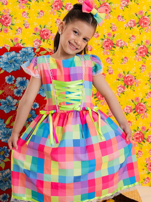 Vestido Junino - Xadrez Cores do Arco-íris 