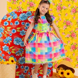 Vestido Junino - Xadrez Cores do Arco-íris 