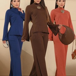 Conjunto Feminino Blusa Gola Alta Manga Longa Flare Mais Calça Pantalona Elegante Inverno Frio
