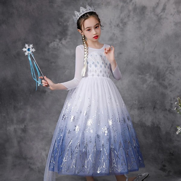 Fantasia Elsa Completa + Coroa + Varinha Mágica + Cabelo + Luva + Colar, Brinco, Anel e Pulseira