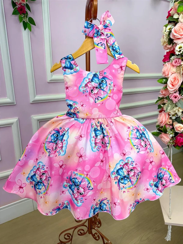 Vestido Temático - Stitch e Angel - Rosa Color 
