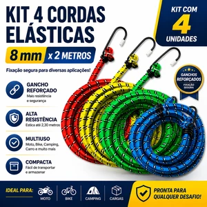 Kit 4 Cordas Elásticas 8mm X 2m Bagageiro Moto Bike Carro Gancho Reforçado