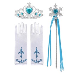 Fantasia Elsa Completa + Coroa + Varinha Mágica + Cabelo + Luva + Colar, Brinco, Anel e Pulseira