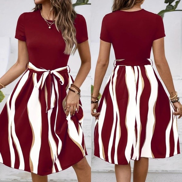 Vestido Longo Estampado Floral Feminino Com Bloco Decote Redondo De Cores Damasco E Cinto Estampado
