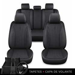 Kit Completo de Capas para Banco de Carro Protecar em Couro Legítimo Universal 5 Lugares Com Airbag + Tapetes e Capa de Volante