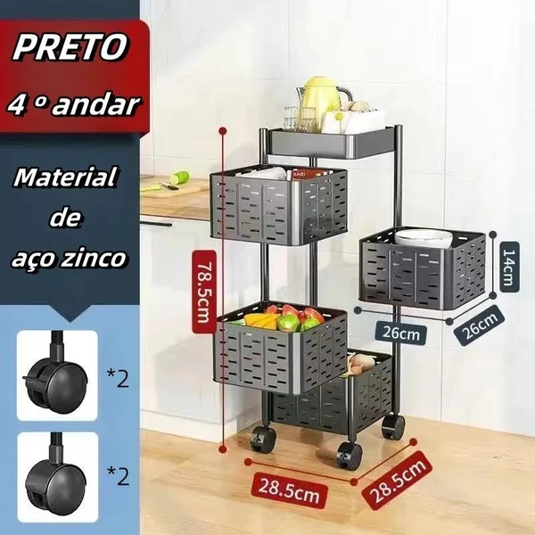 Cesto Carrinho Organizador Multiuso Decoreção 4 Prateleiras com Rodinhas Dobravel METAL