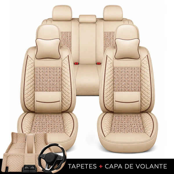 Kit Completo de Capas para Banco de Carro Nureon em Couro Legítimo Universal 5 Lugares Com Airbag + Tapetes e Capa de Volante