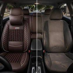 Kit Completo de Capas para Banco de Carro Nureon em Couro Legítimo Universal 5 Lugares Com Airbag + Tapetes e Capa de Volante