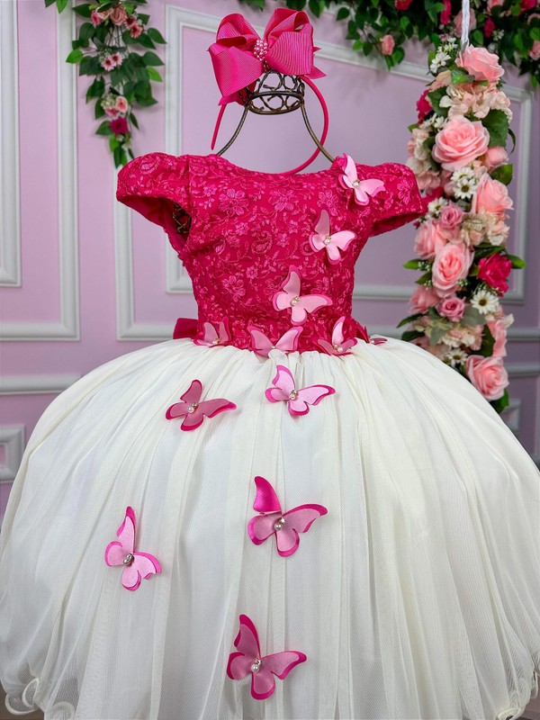 Vestido Glamour - Bordado Aplicações de Borboletas - Pink 