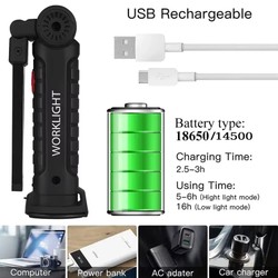1pc cob led luz de trabalho regulável usb recarregável lanterna led lâmpada inspeção com ímã & gancho 14500/18650 bateria tocha luz