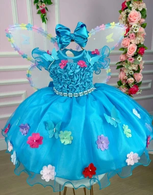 Vestido Fantasia Luxo - Jardim Encantado Azul Tiffany - Acompanha Asa
