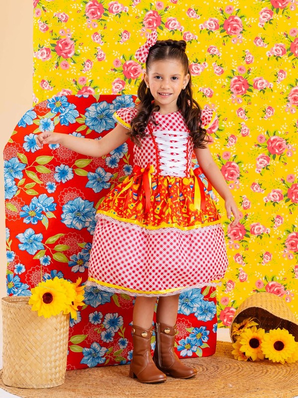 Vestido Junino - Xadrez Estampado Fogueirinha Violão 