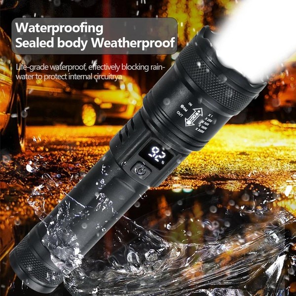 Forte Poder Lanternas LED, Tocha Tática, Display Luz, Carregamento USB, Camping, Pesca, Lanterna Zoom de Emergência, 2000LM, Alta