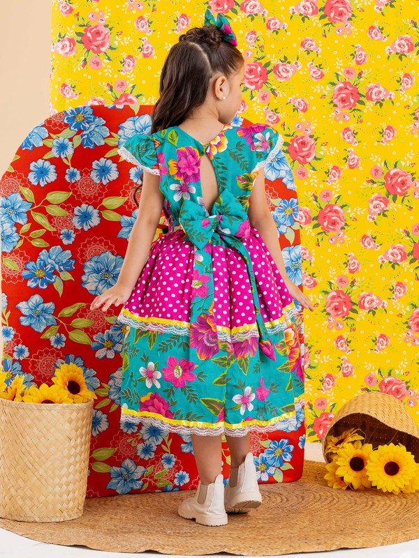 Vestido Junino – Xadrez Com Rosas e Laço - Verde C/Rosa 