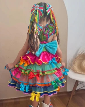 Vestido Junino Luxo - Colorido Com aplicações de Flores de Tecido
