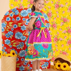 Vestido Junino – Xadrez Com Rosas e Laço - Verde C/Rosa 