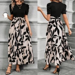 Vestido Longo Estampado Floral Feminino Com Bloco Decote Redondo De Cores Damasco E Cinto Estampado