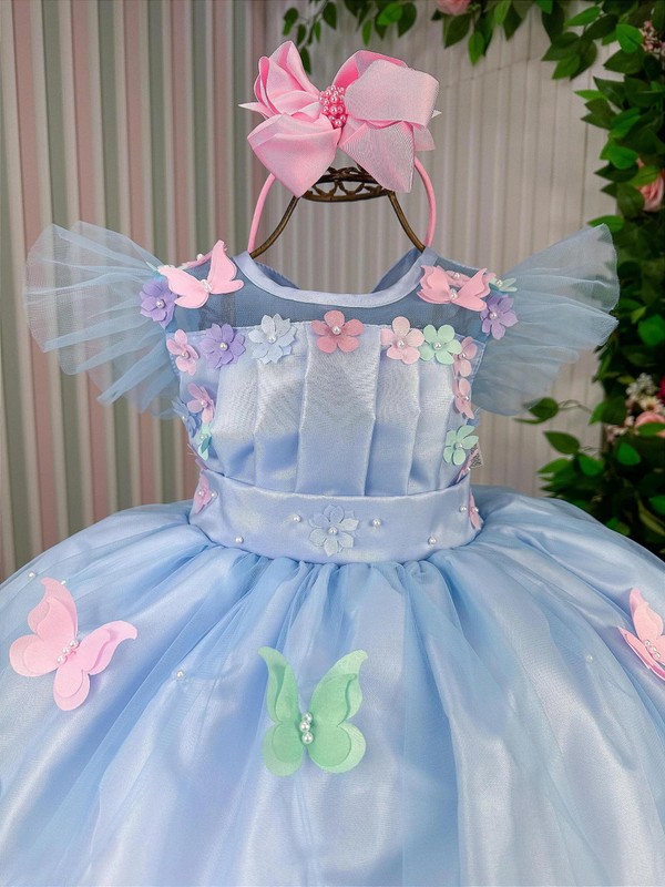 Vestido Luxo Bordado com Aplicações - Jardim Encantado Azul