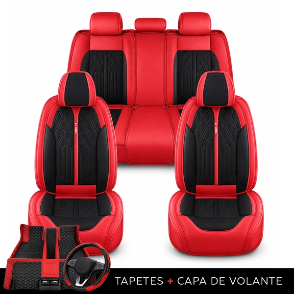 Kit Completo de Capas para Banco de Carro Avalon em Couro Legítimo Universal 5 Lugares Com Airbag + Tapetes e Capa de Volante
