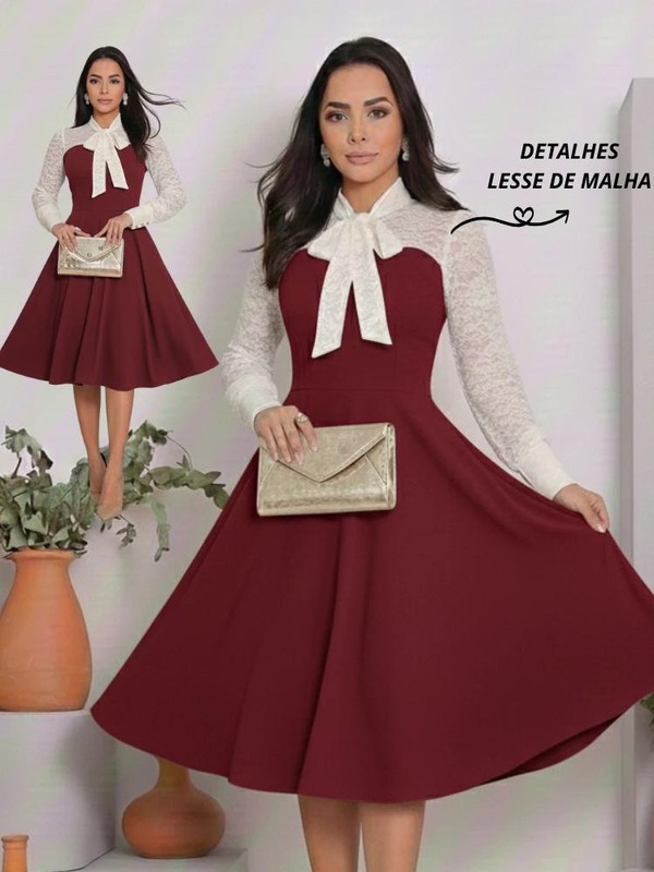 Vestido Feminino Casual Elegante Crepe Malha Detalhe Malha Lesse Moda Evangélica Social Festa 38ao54