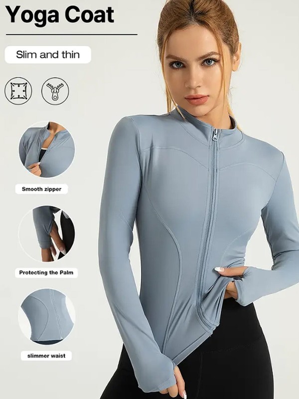 Jaqueta fitness feminina, blusa justa de secagem rápida, coleção outono 2025, manga longa com proteção solar, gola alta, ideal para esportes e Pilates.