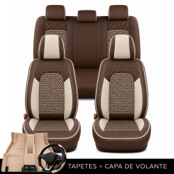 Kit Completo de Capas para Banco de Carro Reverse em Couro Legítimo Universal 5 Lugares Com Airbag + Tapetes e Capa de Volante