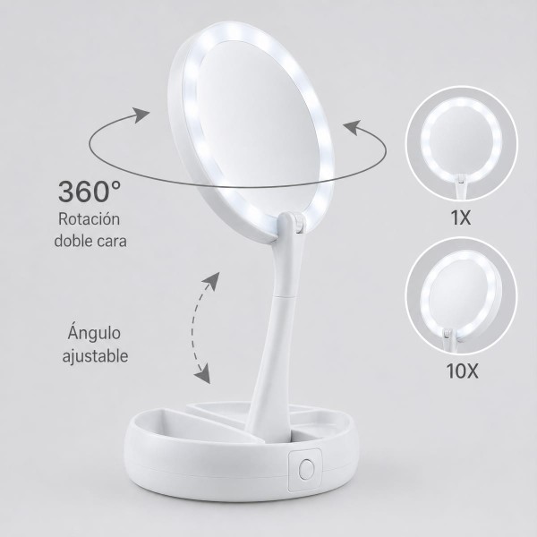 Espelho de Maquiagem LED Dupla Face Aumento 10x Retrátil Portátil com Organizador Branco 