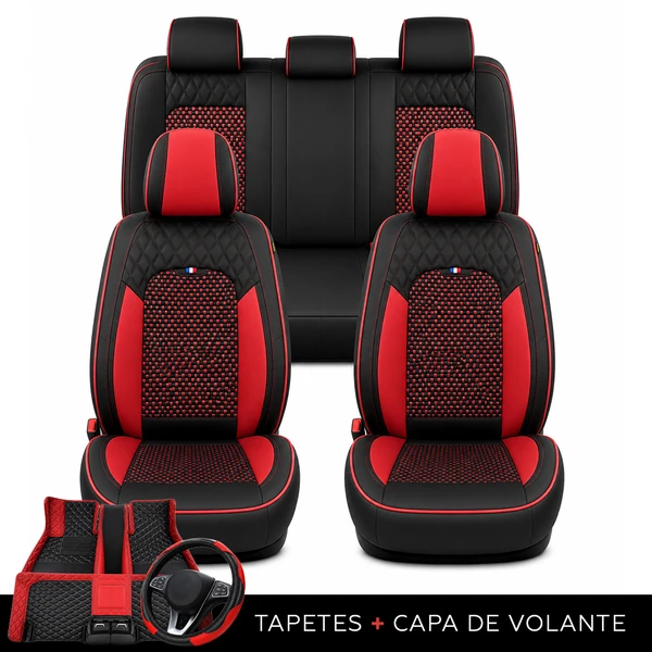 Kit Completo de Capas para Banco de Carro Reverse em Couro Legítimo Universal 5 Lugares Com Airbag + Tapetes e Capa de Volante