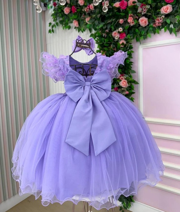 Vestido Luxo Bordado com Borboletas - Lavanda