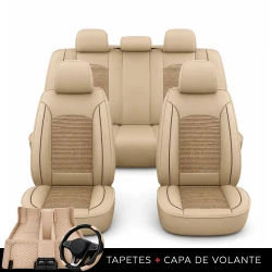Kit Completo de Capas para Banco de Carro Turbo em Couro Legítimo Universal 5 Lugares Com Airbag + Tapetes e Capa de Volante