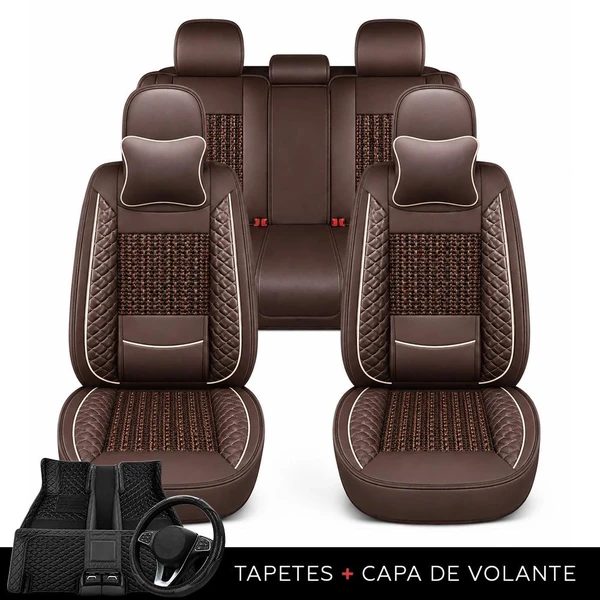 Kit Completo de Capas para Banco de Carro Nureon em Couro Legítimo Universal 5 Lugares Com Airbag + Tapetes e Capa de Volante