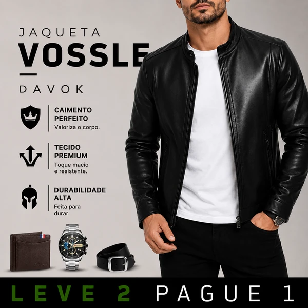 [LEVE 2 PAGUE 1] Jaqueta Masculina Vossler em Couro Legítimo Premium +BRINDES: Relógio, Cinto e Carteira