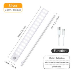 Sensor de movimento sem fio LED Night Light, USB lâmpada recarregável, armário, armário, armário, sob retroiluminação, cozinha