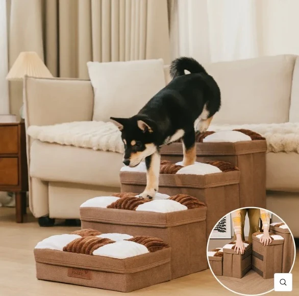 Escada para cães artesanal removível com estampa xadrez e espaço para armazenamento - Degraus dobráveis