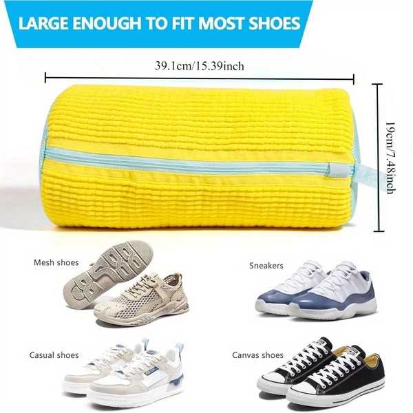 Bolsa durável para máquina de lavar sapatos para todos os tipos de sapatos-amarelo com zíper azul, ideal para tênis e sapatos casuais, bolsa para lavagem de roupas
