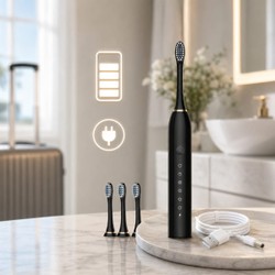 Escova de Dente Elétrica Sônica Ultrassônica Recarregável Bivolt 6 Modos com 4 Cabeças e Temporizador