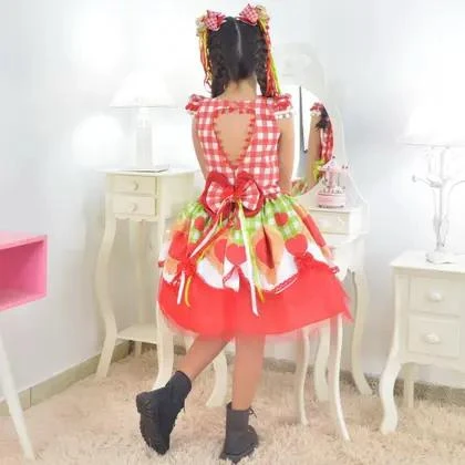Vestido Festa Junina Tule Vermelho Quadrilha + 2 Laços