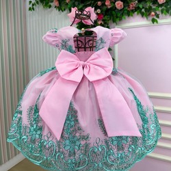 Vestido Luxuoso - Jardim Encanto - Rosa C/Verde Tiffany 