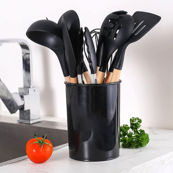 Kit Utensílios Cozinha 12 Peças Silicone Antiaderente PRETO