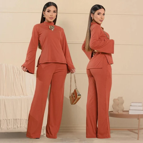 Conjunto Feminino Blusa Gola Alta Manga Longa Flare Mais Calça Pantalona Elegante Inverno Frio