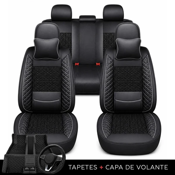 Kit Completo de Capas para Banco de Carro Nureon em Couro Legítimo Universal 5 Lugares Com Airbag + Tapetes e Capa de Volante