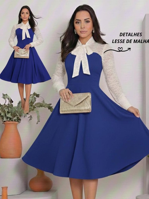 Vestido Feminino Casual Elegante Crepe Malha Detalhe Malha Lesse Moda Evangélica Social Festa 38ao54