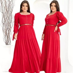 Vestido Longo Feminino Manga Longa Com Perolas E Laço Moda Evangelica Plus Size Para Congresso Luxo