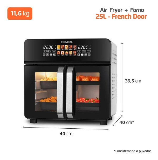 Air Fryer Forno 25L French Door Mondial Preto/Inox 2000W - AFDO-25L-FD