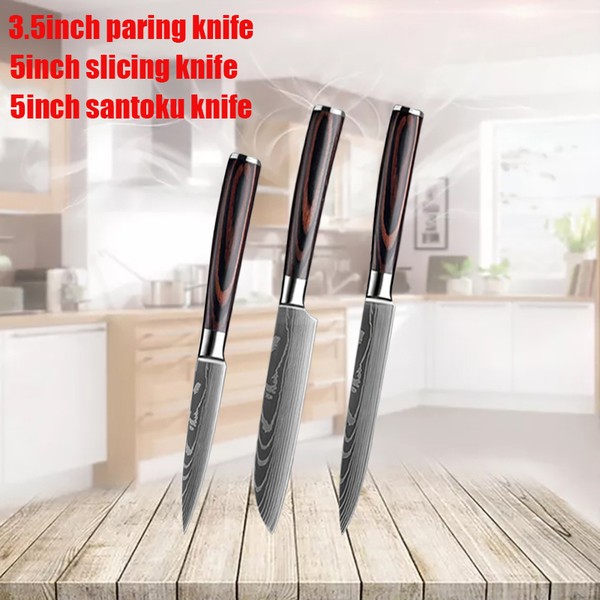 Conjunto de facas de cozinha em aço inoxidável, Laser Damasco, Japonês Santoku Cleaver, Fatiar Utilitário Chef Faca, 7CR17, 440C, 3 Pcs