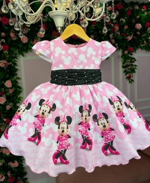 Vestido Temático Estampado - Minnie - Rosa C/Preto 